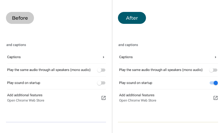 The Chrome OS accessibility settings with Play sound on startup turned off and turned on